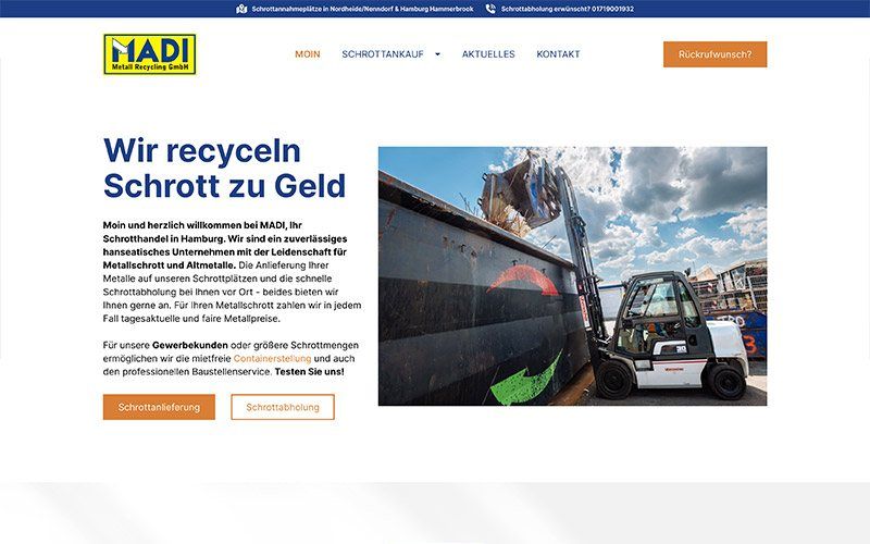 Screenshot der Website MADI Metall Recycling